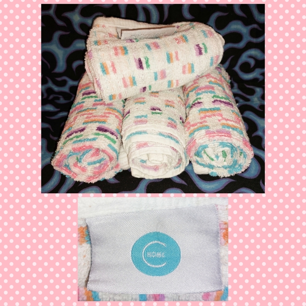 C Home brand 4Pc White/Multiclrs Segmented Stripes 100% Cotton Wash Face Towels